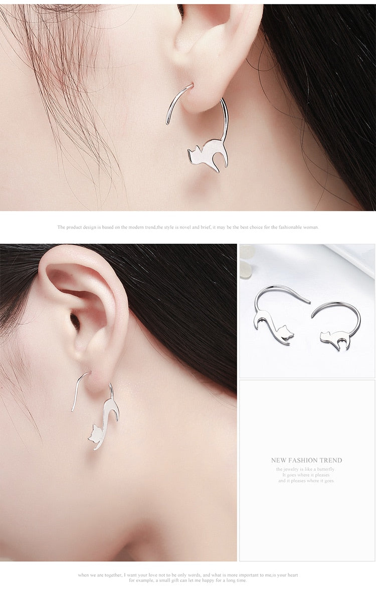 925 Sterling Silver Lovely Cat Stud Earrings FIE073