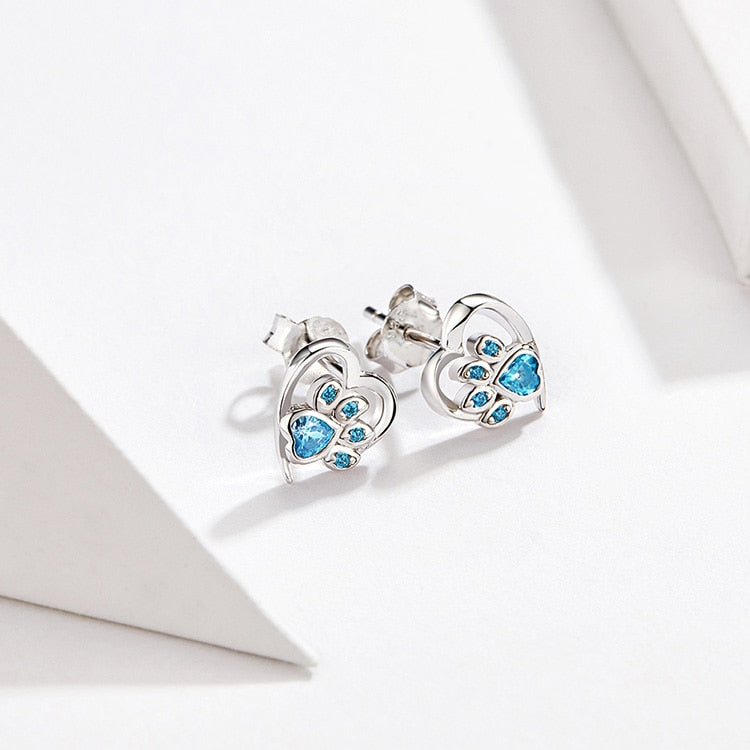 925 Sterling Silver Blue Zircon Paw Print Heart Earrings CQE654