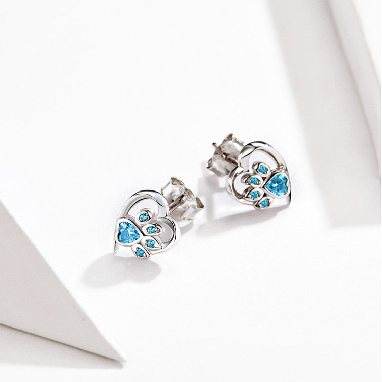 925 Sterling Silver Blue Zircon Paw Print Heart Earrings CQE654