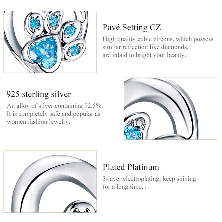 925 Sterling Silver Blue Zircon Paw Print Heart Earrings CQE654