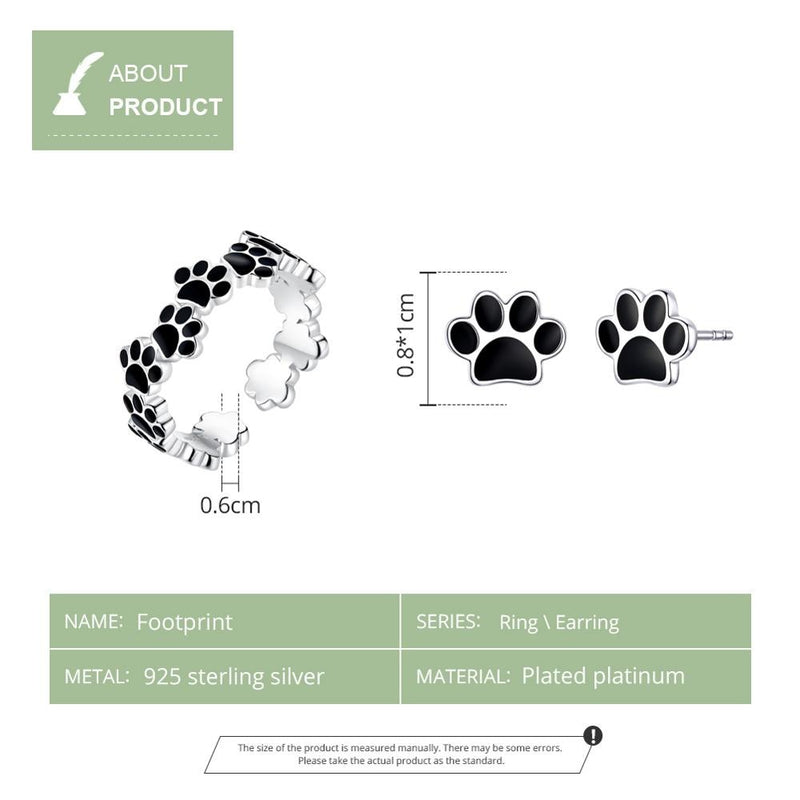 925 Sterling Silver Black Paw Print Adjustable Ring CQR603
