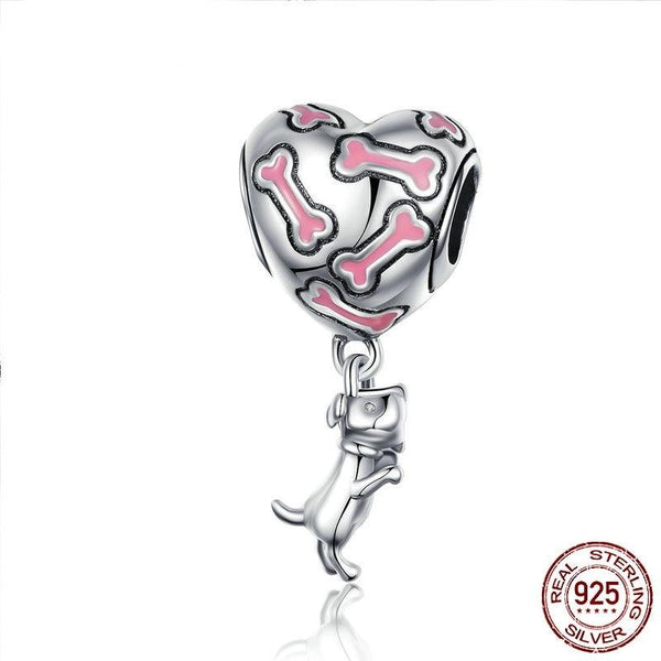 925 Sterling Silver Buddy Dog Bone Heart Dangle Charm CQC1199