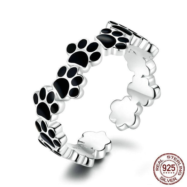925 Sterling Silver Black Paw Print Adjustable Ring CQR603
