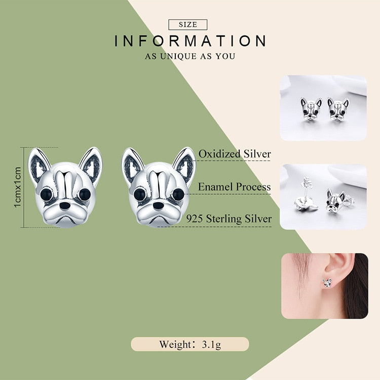 925 Sterling Silver Loyal Partners French Bulldog Dog Stud Earrings FIE283