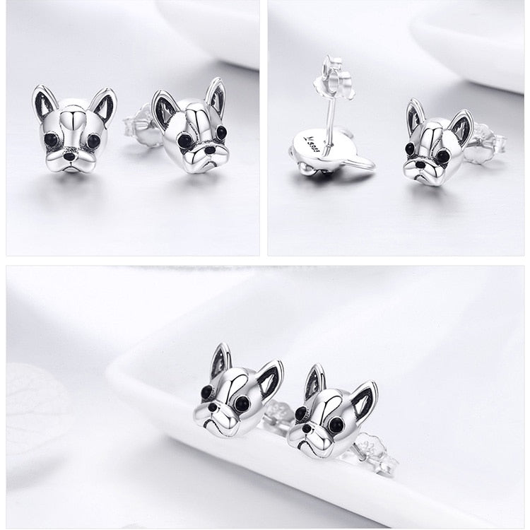 925 Sterling Silver Loyal Partners French Bulldog Dog Stud Earrings FIE283