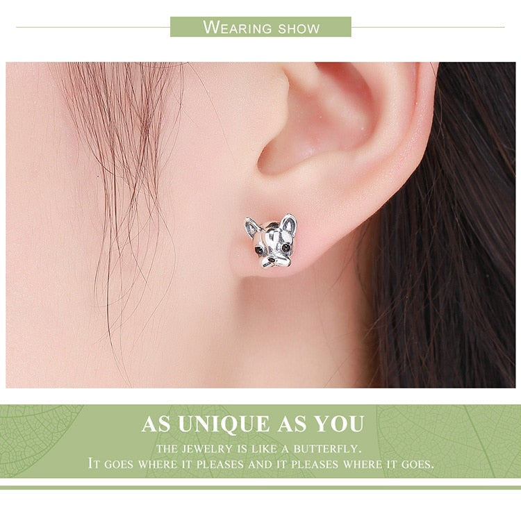 925 Sterling Silver Loyal Partners French Bulldog Dog Stud Earrings FIE283