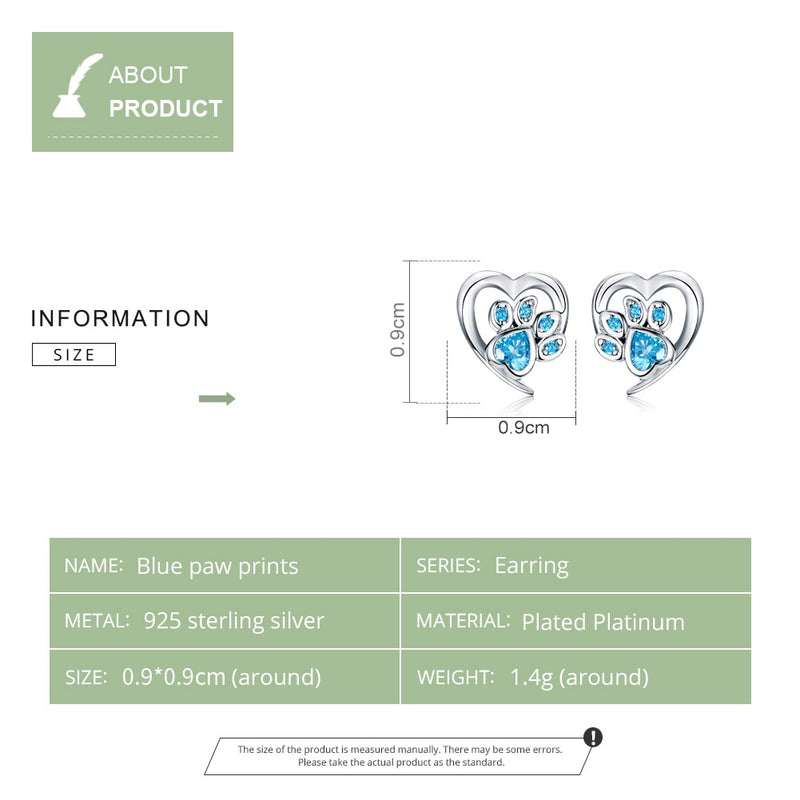 925 Sterling Silver Blue Zircon Paw Print Heart Earrings CQE654