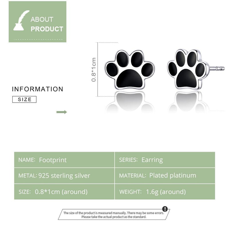 925 Sterling Silver Paw Print Black Stud Earrings FIE757