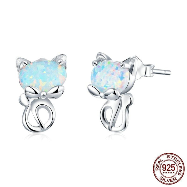 925 Sterling Silver Cute Cat Opal Stud Earrings CQE828