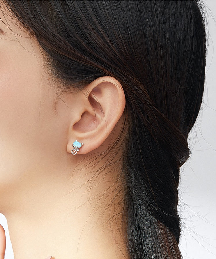 925 Sterling Silver Cute Cat Opal Stud Earrings CQE828