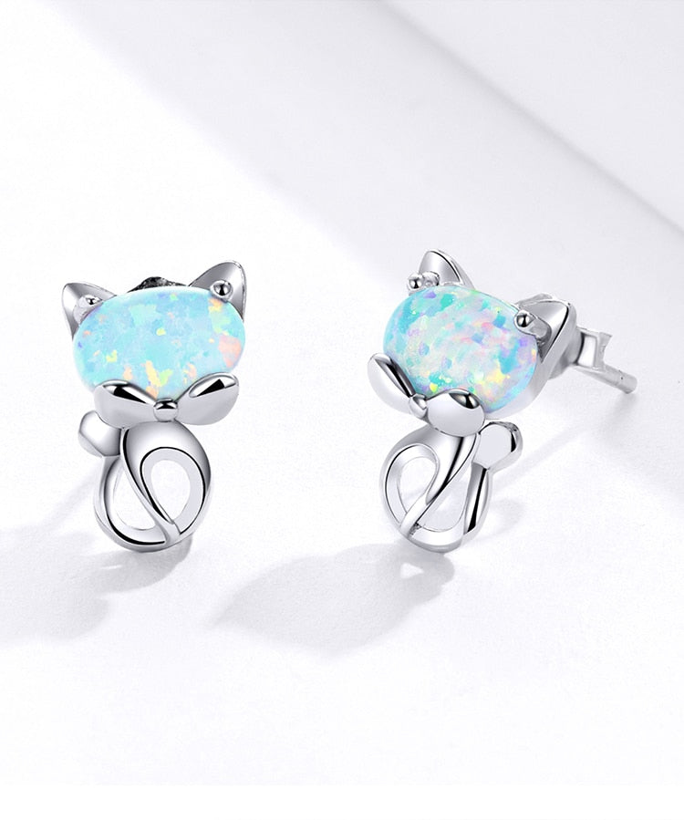 925 Sterling Silver Cute Cat Opal Stud Earrings CQE828