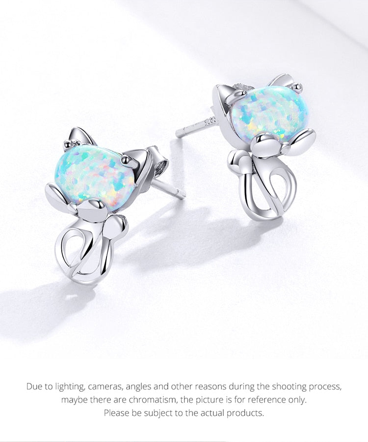 925 Sterling Silver Cute Cat Opal Stud Earrings CQE828