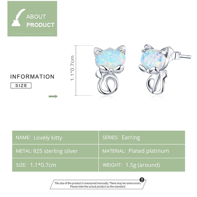 925 Sterling Silver Cute Cat Opal Stud Earrings CQE828