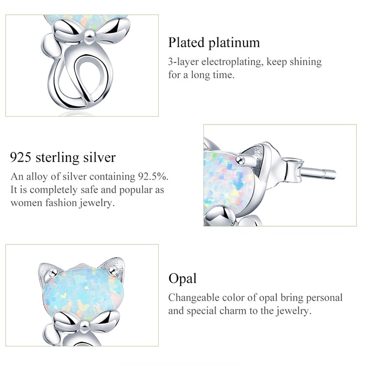 925 Sterling Silver Cute Cat Opal Stud Earrings CQE828