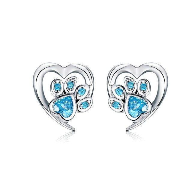 925 Sterling Silver Blue Zircon Paw Print Heart Earrings CQE654