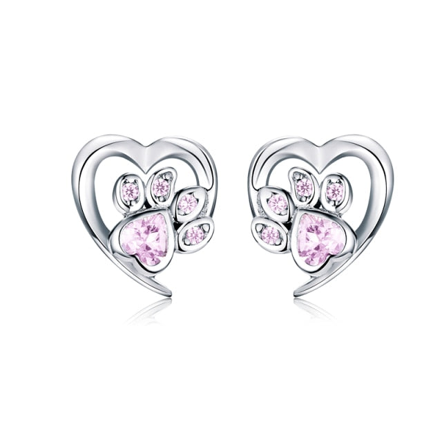 925 Sterling Silver Blue Zircon Paw Print Heart Earrings CQE654