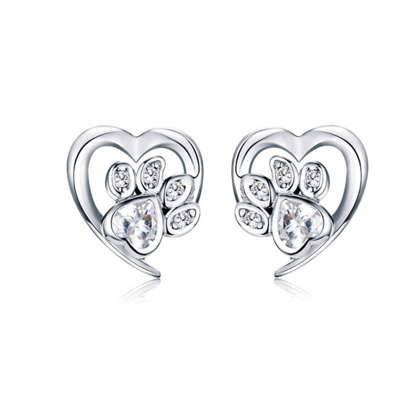 925 Sterling Silver Blue Zircon Paw Print Heart Earrings CQE654