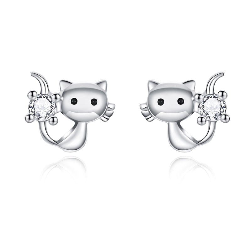 925 Sterling Silver Lovely Cat Stud Earrings FIE073