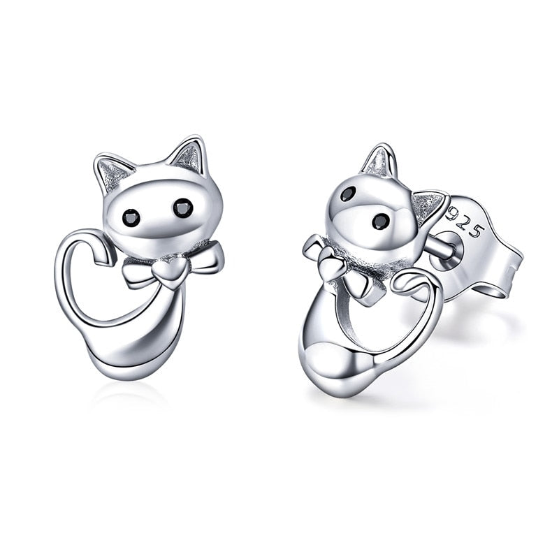 925 Sterling Silver Lovely Cat Stud Earrings FIE073