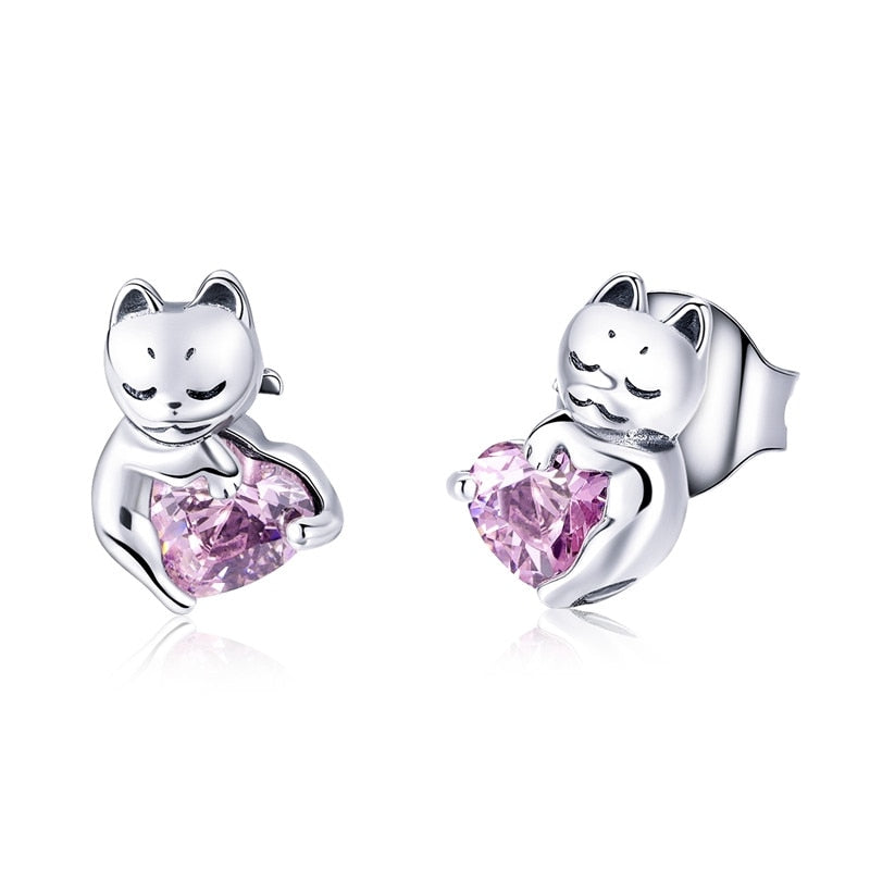 925 Sterling Silver Lovely Cat Stud Earrings FIE073