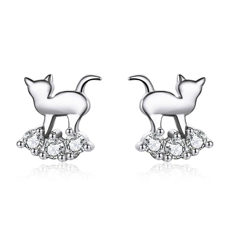 925 Sterling Silver Lovely Cat Stud Earrings FIE073