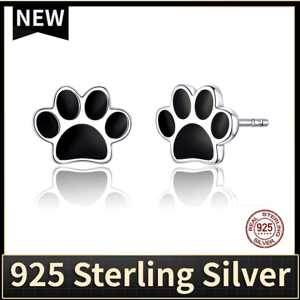 925 Sterling Silver Paw Print Black Stud Earrings FIE757