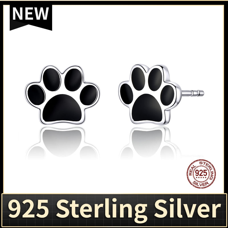 925 Sterling Silver Paw Print Black Stud Earrings FIE757