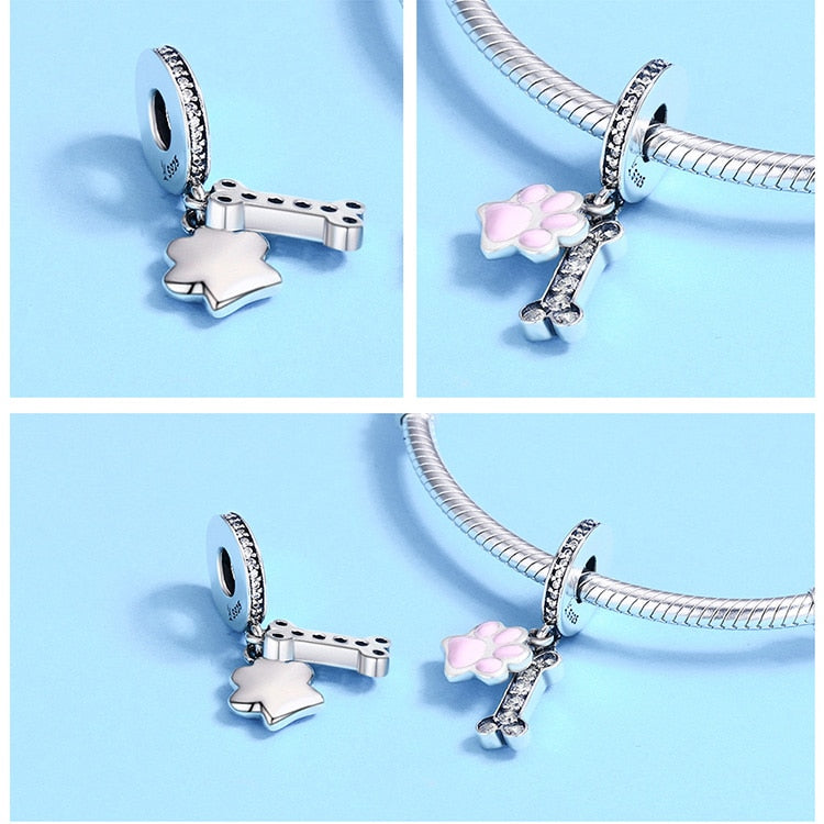 925 Sterling Silver Paw Print & Dog Bone Pendant Charm CQC452