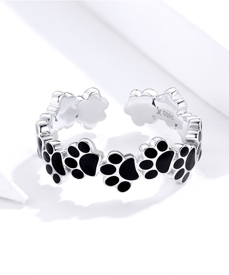 925 Sterling Silver Black Paw Print Adjustable Ring CQR603