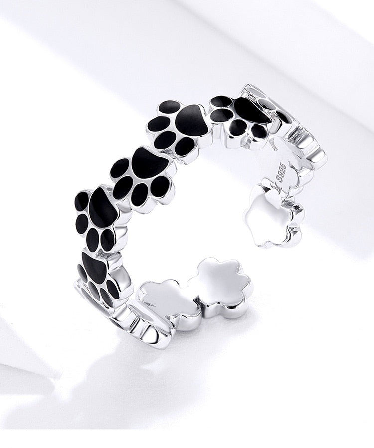 925 Sterling Silver Black Paw Print Adjustable Ring CQR603