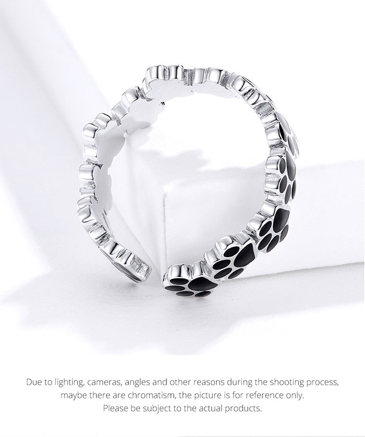 925 Sterling Silver Black Paw Print Adjustable Ring CQR603