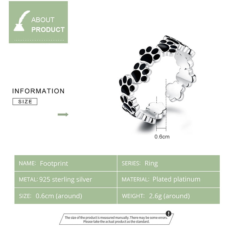 925 Sterling Silver Black Paw Print Adjustable Ring CQR603