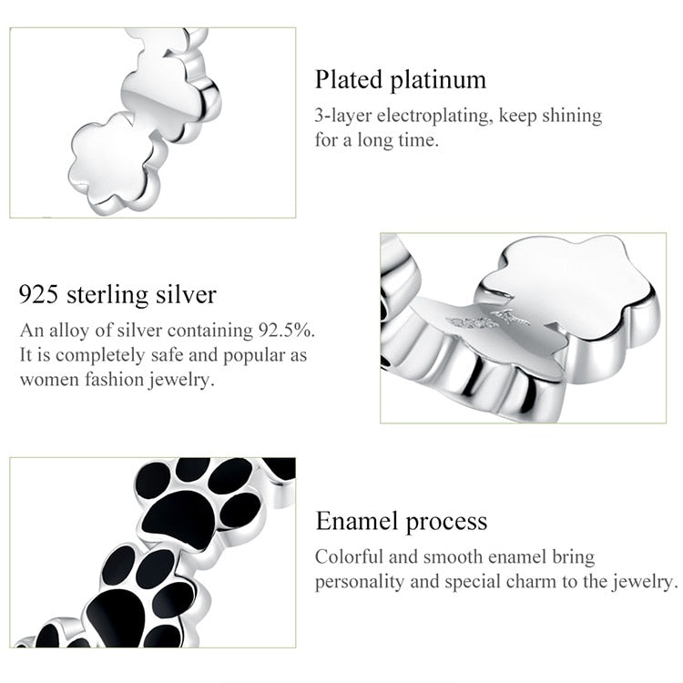 925 Sterling Silver Black Paw Print Adjustable Ring CQR603