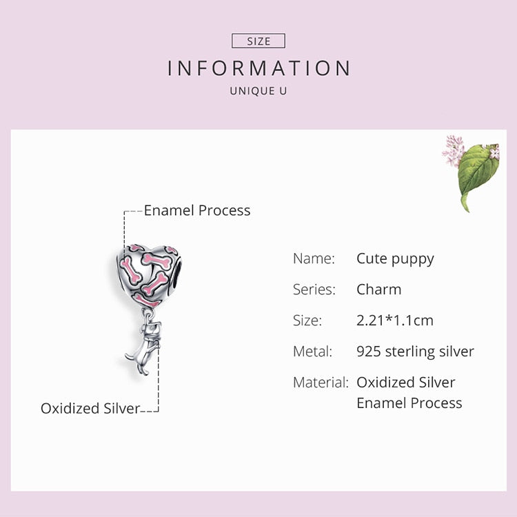 925 Sterling Silver Buddy Dog Bone Heart Dangle Charm CQC1199