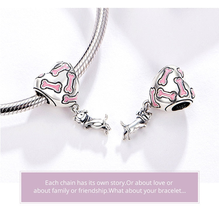 925 Sterling Silver Buddy Dog Bone Heart Dangle Charm CQC1199