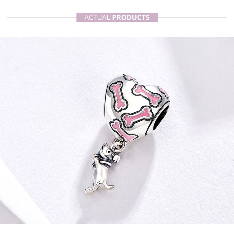 925 Sterling Silver Buddy Dog Bone Heart Dangle Charm CQC1199