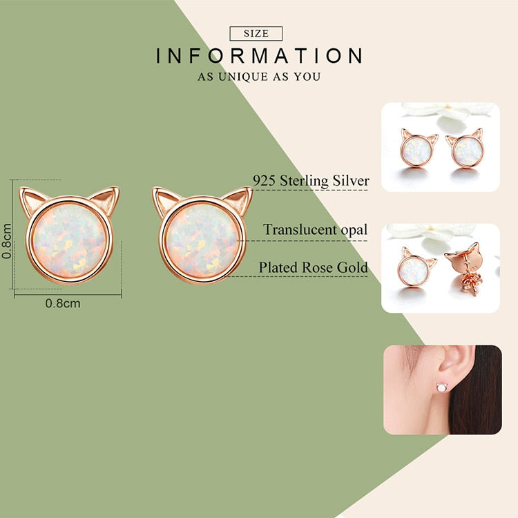925 Sterling Silver Cute Cat Rose Gold Opal Stone Stud Earrings FIE538