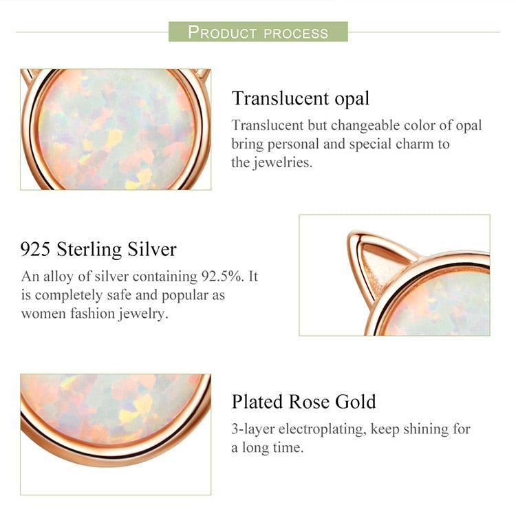 925 Sterling Silver Cute Cat Rose Gold Opal Stone Stud Earrings FIE538