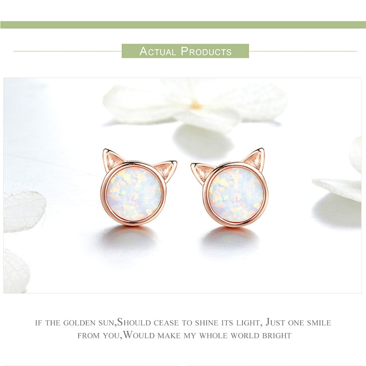 925 Sterling Silver Cute Cat Rose Gold Opal Stone Stud Earrings FIE538