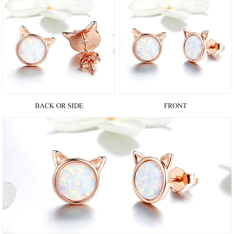 925 Sterling Silver Cute Cat Rose Gold Opal Stone Stud Earrings FIE538