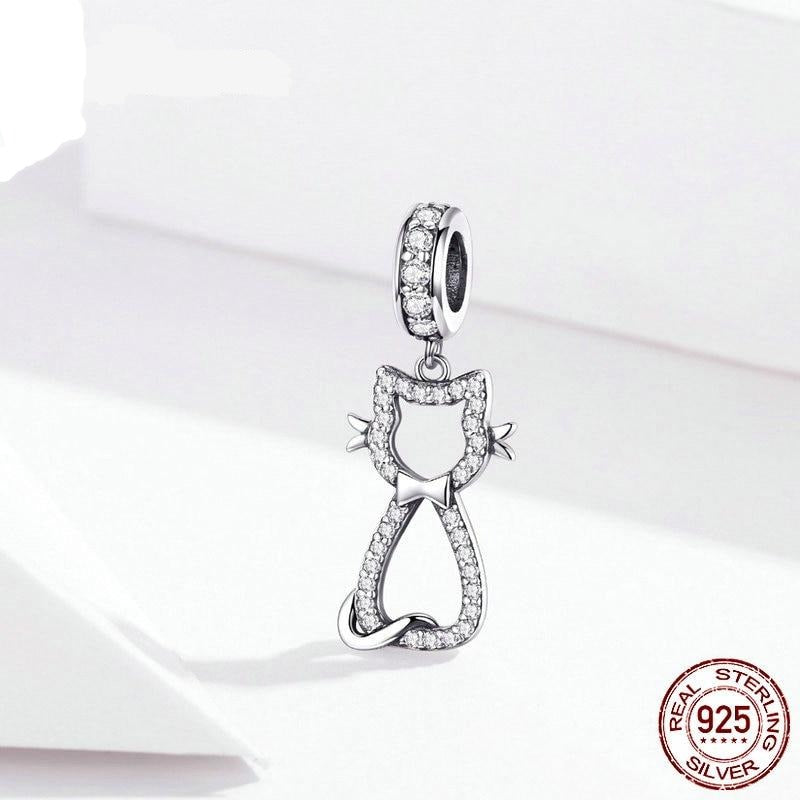 925 Sterling Silver Sweet Cat Animal Dangle Charm For Bracelet FIC1162