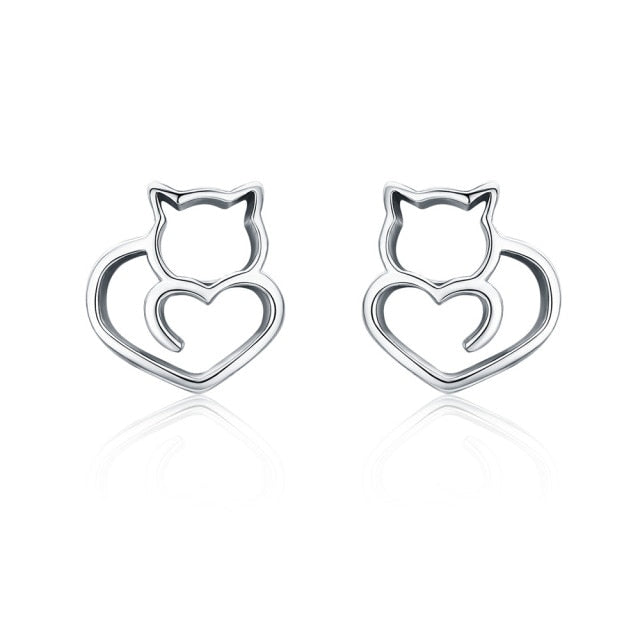 925 Sterling Silver Lovely Cat Stud Earrings FIE073