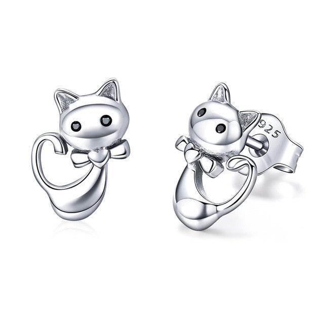 925 Sterling Silver Lovely Cat Stud Earrings FIE073