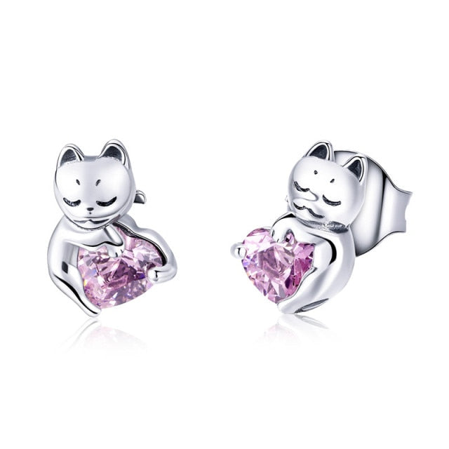 925 Sterling Silver Lovely Cat Stud Earrings FIE073
