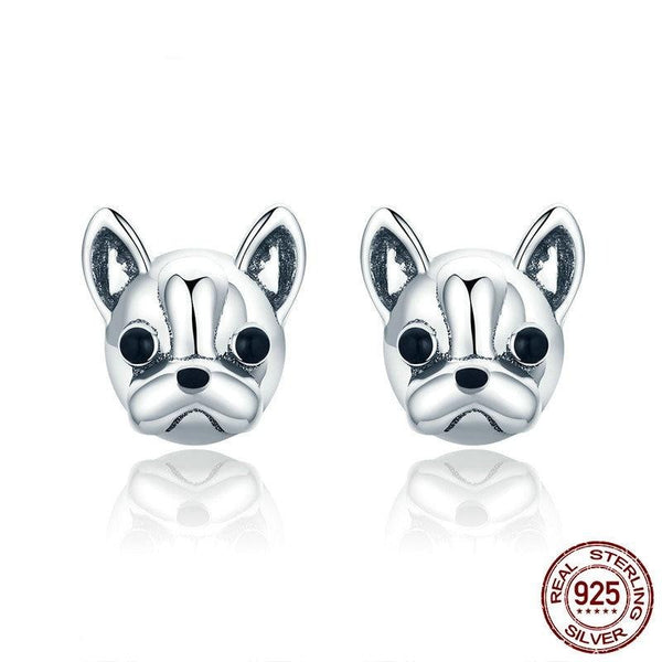 925 Sterling Silver Loyal Partners French Bulldog Dog Stud Earrings FIE283