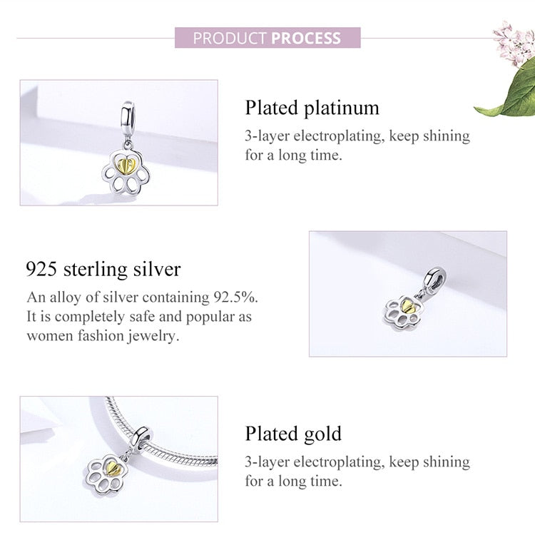 925 Sterling Silver Paw Print Dangle Charms CQC1251