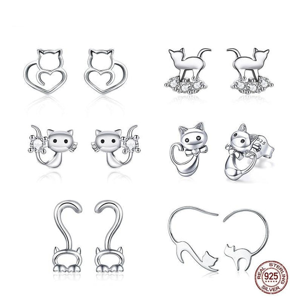 925 Sterling Silver Lovely Cat Stud Earrings FIE073