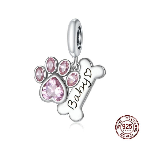 925 Sterling Silver Paw Print Pink Zircon Bone Charm CQC1680