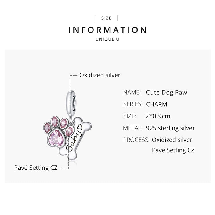 925 Sterling Silver Paw Print Pink Zircon Bone Charm CQC1680