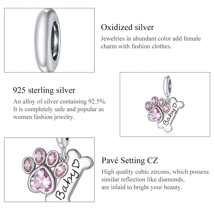 925 Sterling Silver Paw Print Pink Zircon Bone Charm CQC1680